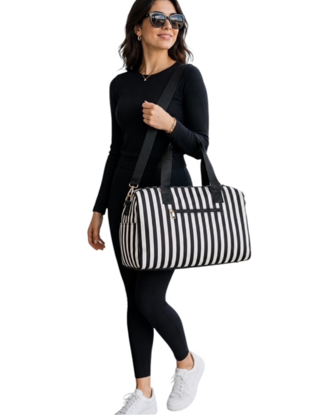 NWT Alice + Olivia Positano Black & White Striped Large Weekend Duffel Bag